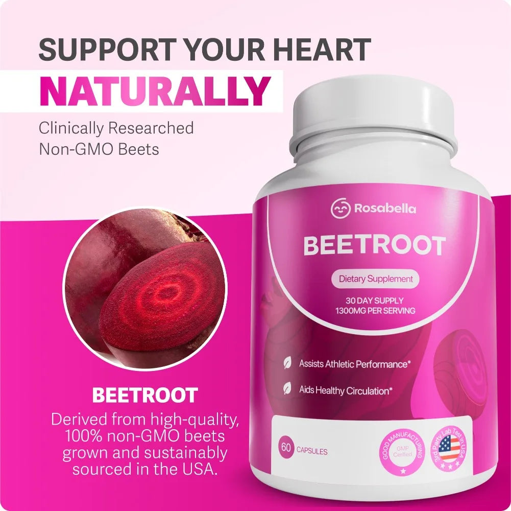 Organic Beetroot - 1300 Mg Beetroot Powder, Natural Energy & Endurance Support, Non-GMO - 60 Capsules