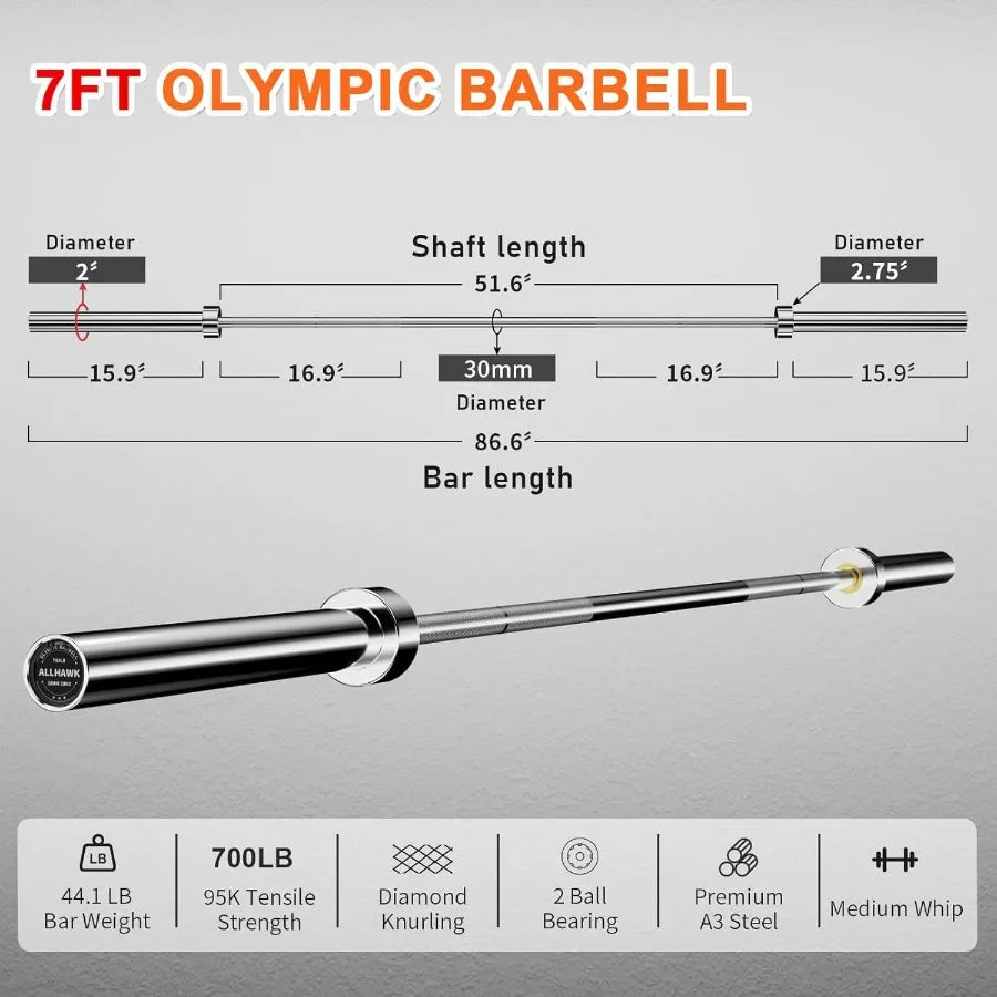 7ft  Barbell for Weightlifting Powerlifting 45LB Bar 700lbs Capacity Weight Bar for 2 Weight Plates for Home Gym Streng