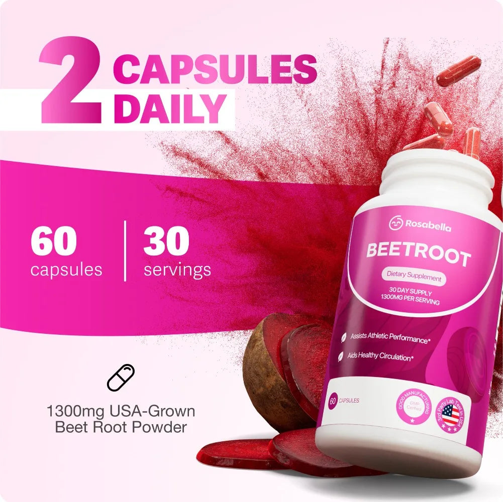 Organic Beetroot - 1300 Mg Beetroot Powder, Natural Energy & Endurance Support, Non-GMO - 60 Capsules