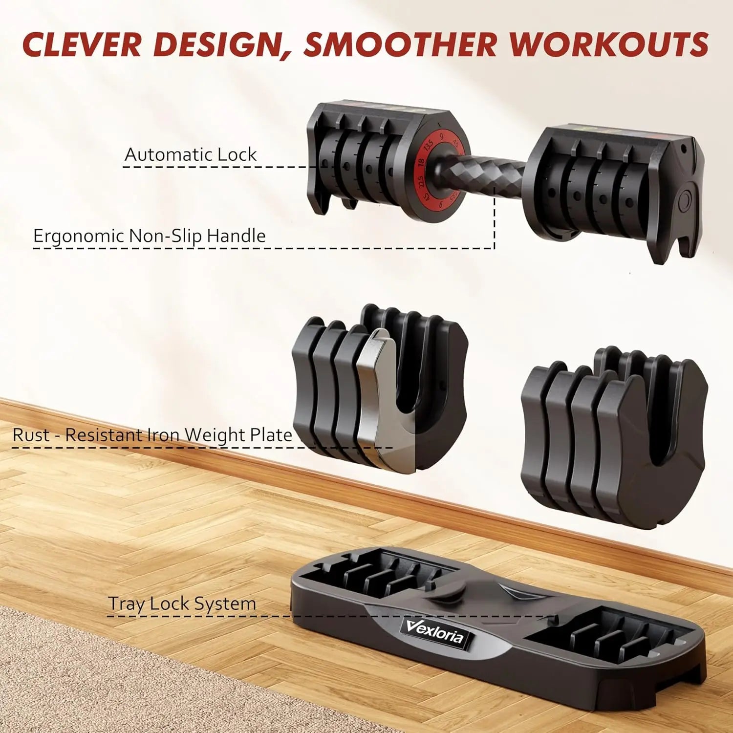 Adjustable Dumbbell, 22.5lb 5-in-1 Quick Adjust Dumbbell, Free Weights with Storage Tray for Home Gym, Full Body Workout Equ